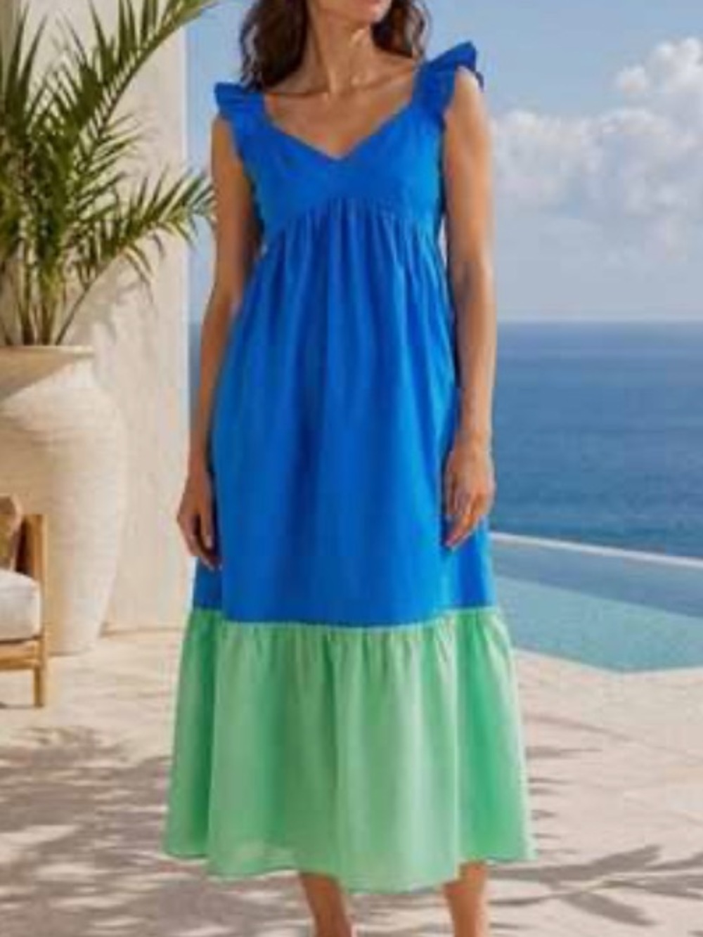 Donna Morgan Blue and green Colorblocked Ruffle Strap Dress 98% cotton size 8